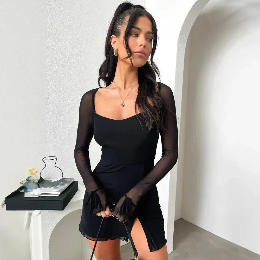BOOFEENAA See Through Mesh Long Sleeve Dress White Black Sexy Club Outfits Square Neck Slit Mini Dresses for Women C18-BH24