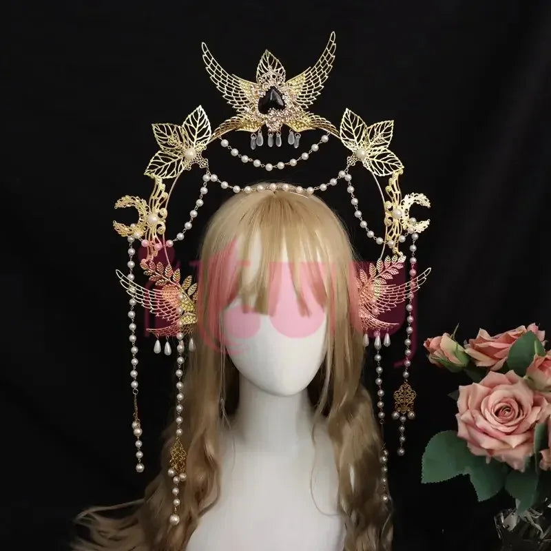 Sun Goddess Angel KC Halo Crown Headpiece Queen Anna Baroque Pearl Tiara Headband Lolita Collection Gothic Accessories