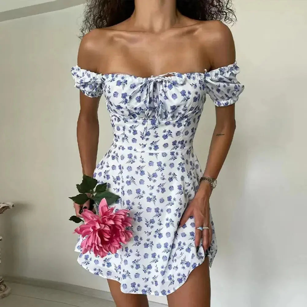2024 New Summer Casual Off Shoulder Tie Up Floral Print A-Line Dress Sexy Women Short Sleeve Slim Mini Dress for Club Party
