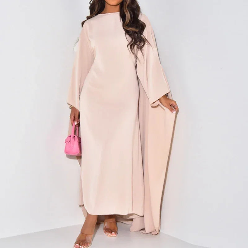 Chic Simple Basic Color Solid Long Robe Elegant O Neck Batwing Sleeve Commute Dress Casual Women Fashion Loose Swing Party Dress
