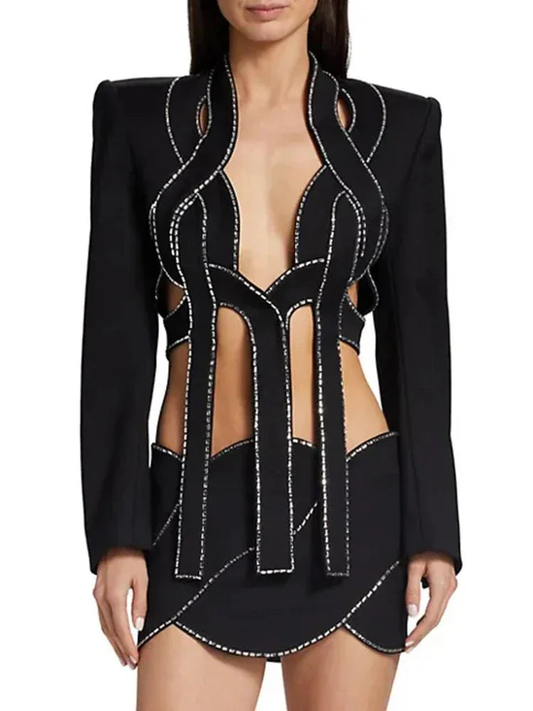Luxury Diamond Long Sleeve Outfit Party Set
