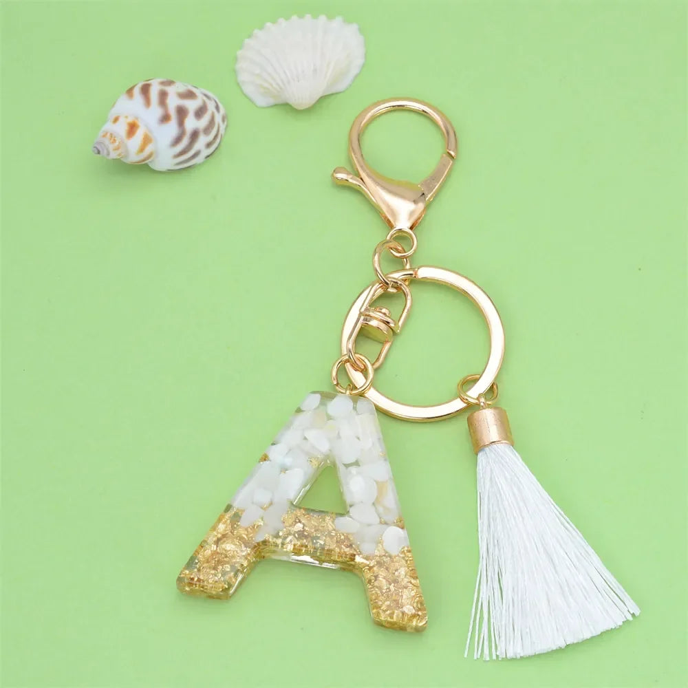 Fashion Bling A to Z Letter Keychain With White Tassel 26 Initial Keychain Car Key Holder Handbag Accessories