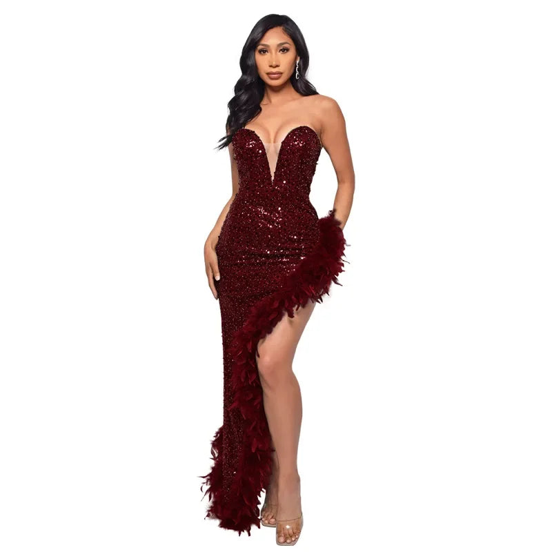 Sequin & Feather Cocktail Party Dress