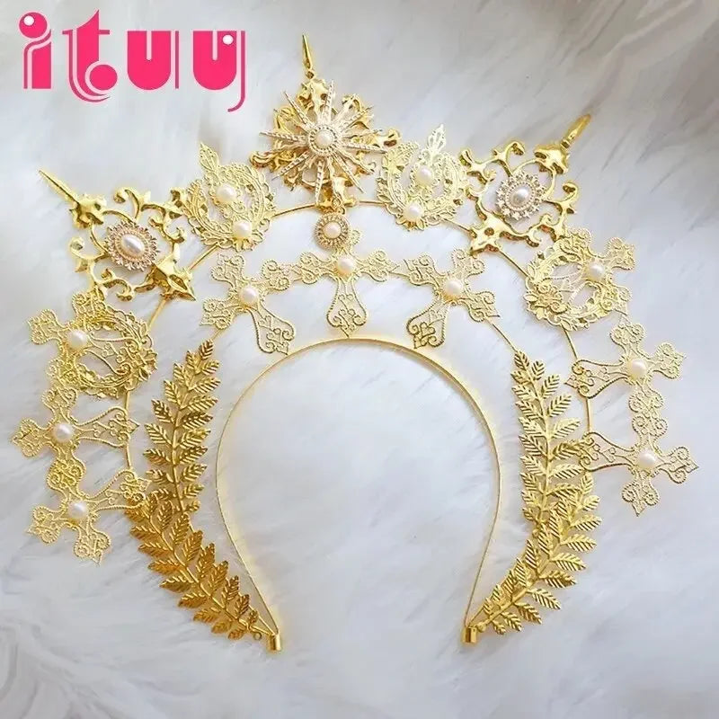 Sun Goddess Angel KC Halo Crown Headpiece Queen Anna Baroque Pearl Tiara Headband Lolita Collection Gothic Accessories