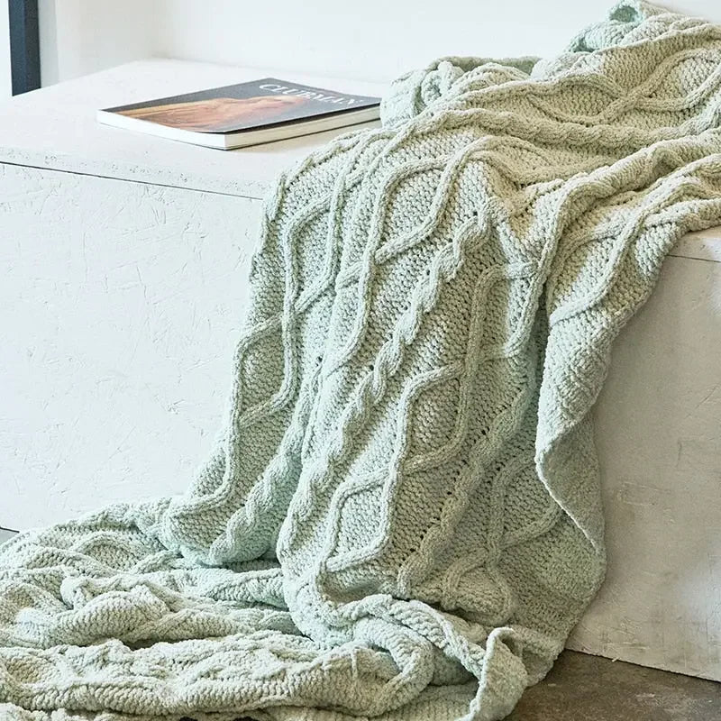 Chunky Knit Chenille Blanket With Pompoms
