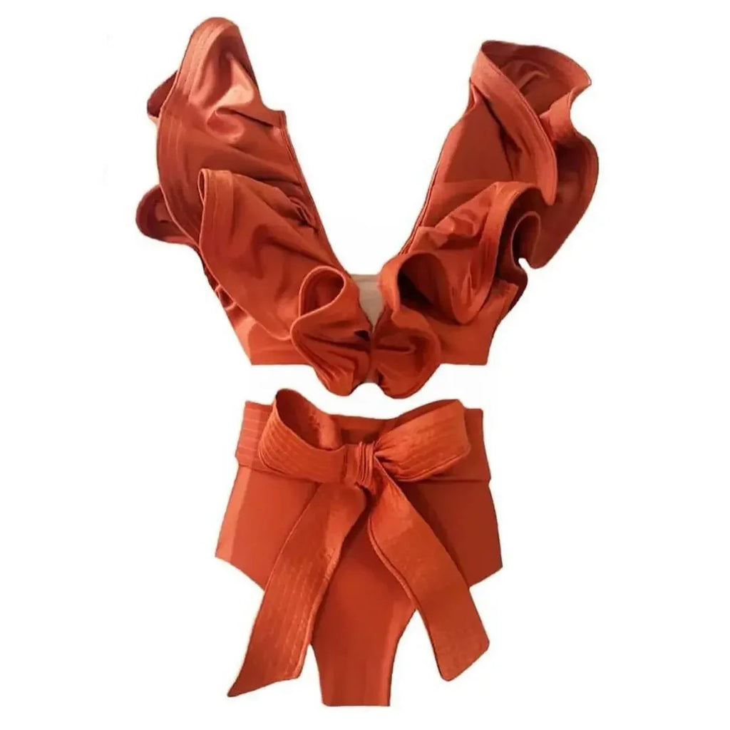 2024 Sexy Bikini Set Women High Waist Classic Off Solid Ruffle Sleeves Swimwear Red Separate Deep V Swimsuit Vintage Beach Set