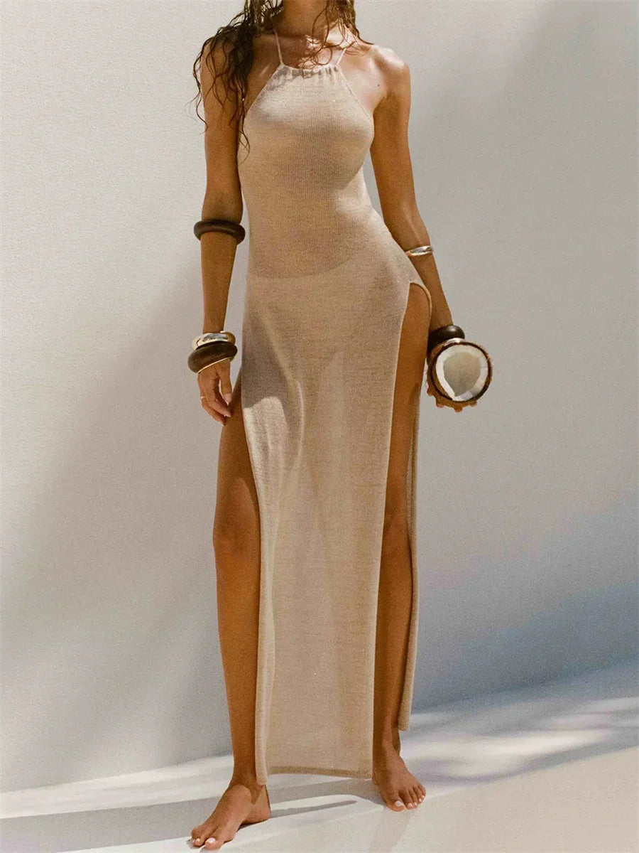 Women See-through Knit Long Dress Halter Neck Sexy Elegant Solid Color Sleeveless Backless Slim High Split Beach Haliday Coverup
