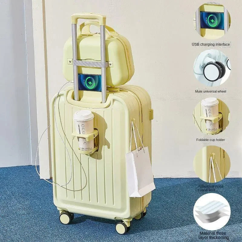 Large Pastel Suitcase With USB Charging Port & Cup Holder