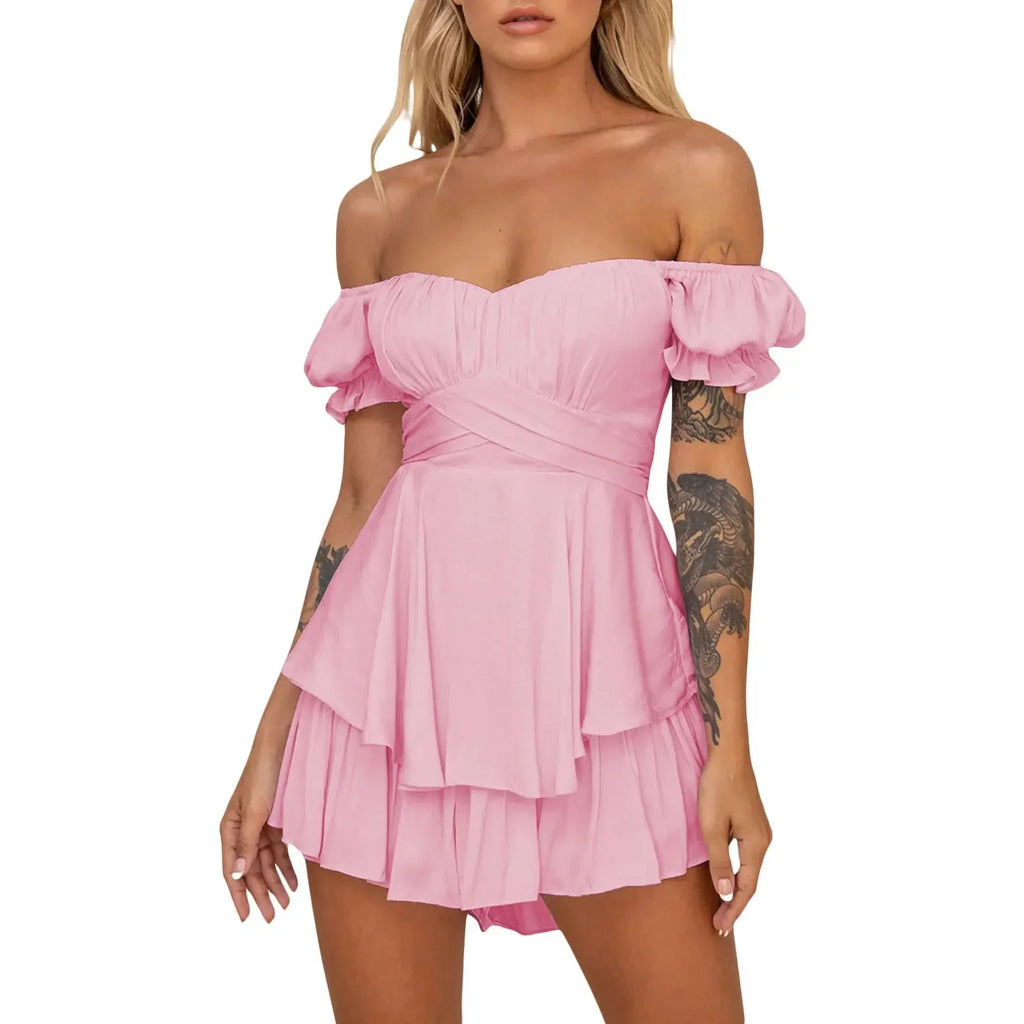 Women s Boho Off Shoulder Romper Double Layer Ruffle Hem Lantern Long Sleeve Waist Tie Back Chiffon Short Jumpsuits