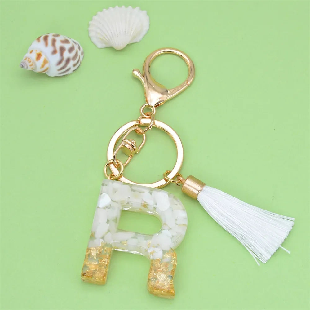 Fashion Bling A to Z Letter Keychain With White Tassel 26 Initial Keychain Car Key Holder Handbag Accessories