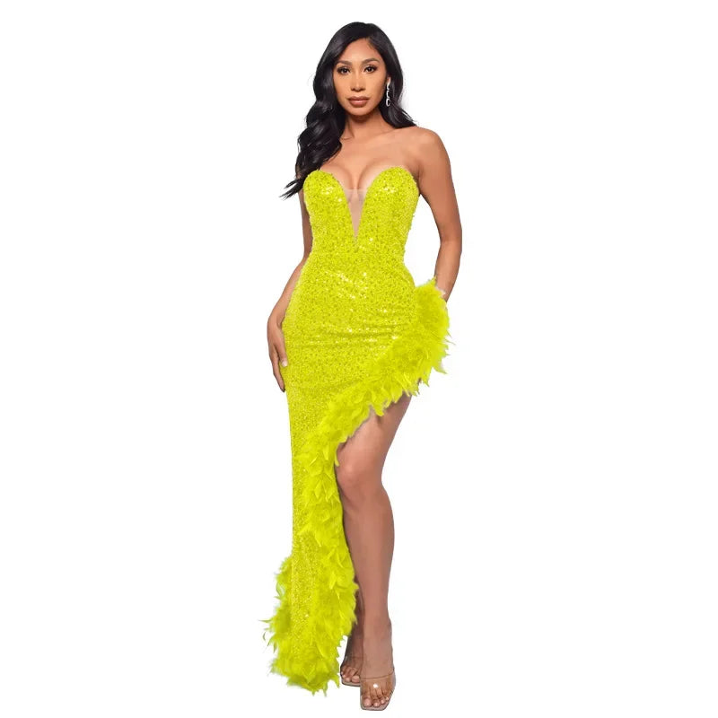 Sequin & Feather Cocktail Party Dress
