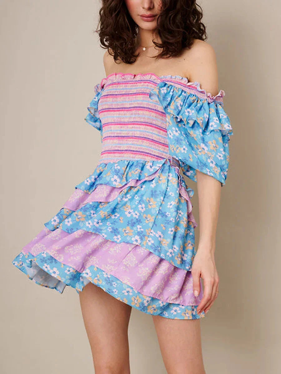 Womens Bohemian Puff Sleeve Dress Boho V-Neck Ruffle Layered Hem Mini Dress Floral Flowy Ruffle Tiered Short Dresses