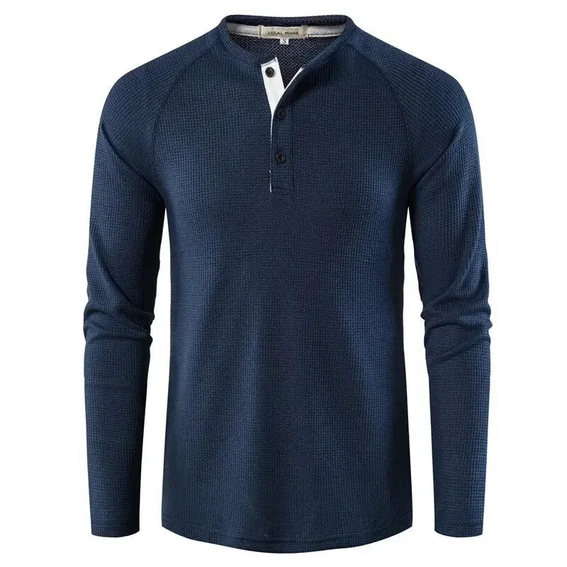 Fashion Waffle Cotton T Shirt Men 2023 Autumn New Slim Fit Long Sleeve Henley Tshirt Men Streetwear Casual Solid Color T-Shirt