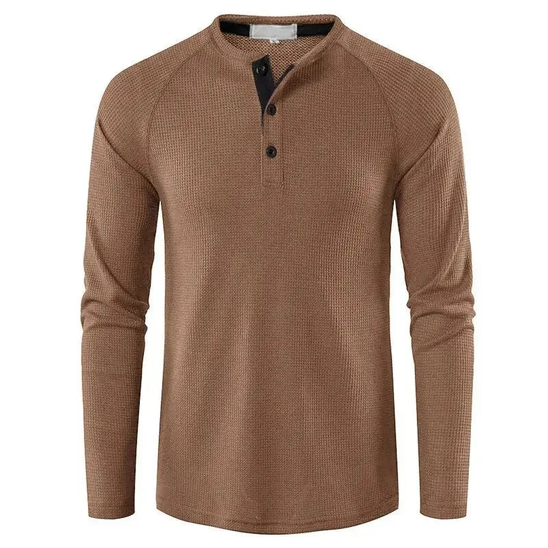 Fashion Waffle Cotton T Shirt Men 2023 Autumn New Slim Fit Long Sleeve Henley Tshirt Men Streetwear Casual Solid Color T-Shirt