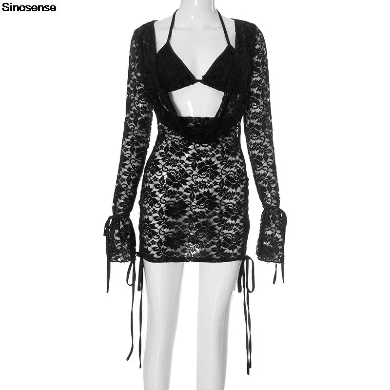 Women Elegant Cocktail Evening Party Mini Dress Sexy See Through Floral Lace Bodycon Dress Y2K Street Date Night Out Club Dress