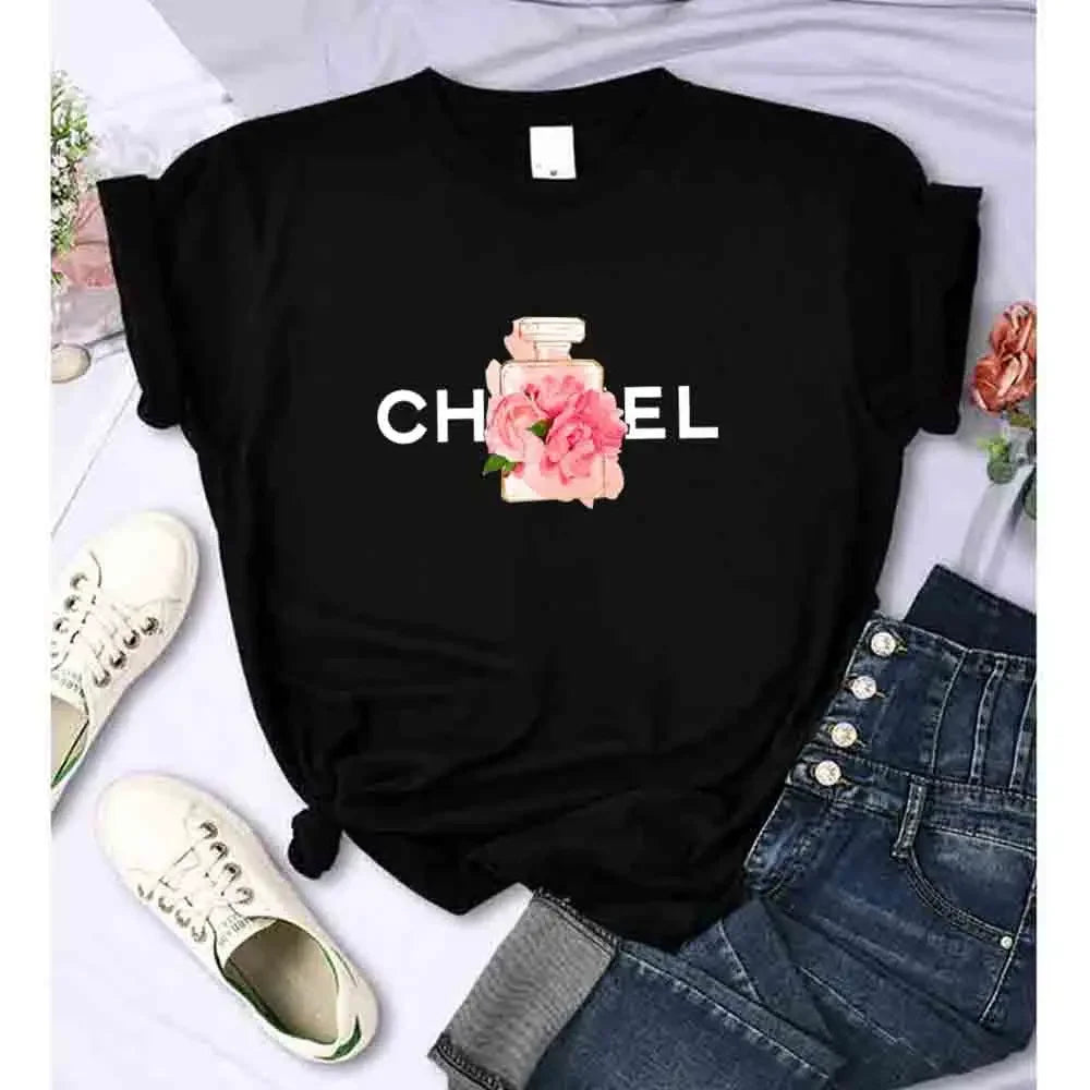 Women Summer T-Shirt Alphabet Flowers Perfume Print Cotton Tees Luxury Short Sleeve Tee Solid Color Street Y2K Top Female Cloth