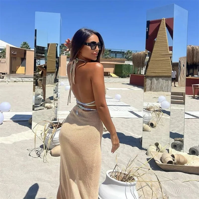 Women See-through Knit Long Dress Halter Neck Sexy Elegant Solid Color Sleeveless Backless Slim High Split Beach Haliday Coverup