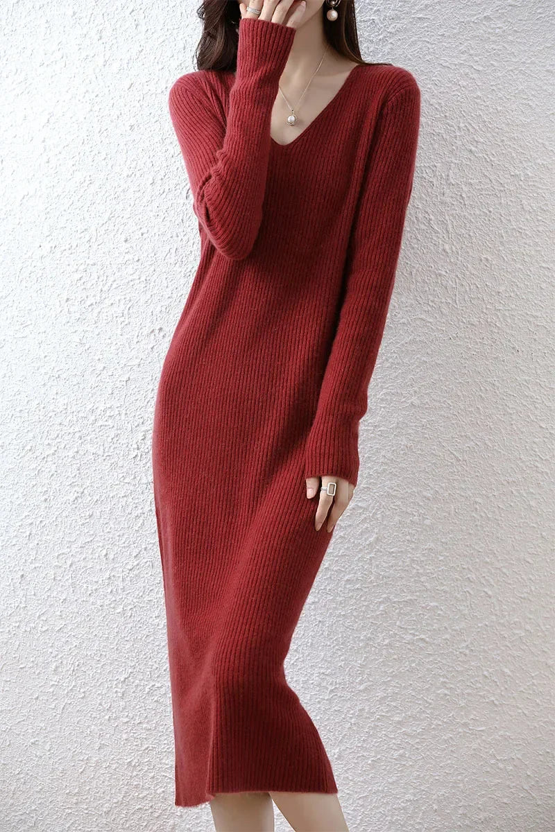 Elegant Long Sleeve Ribbed 100% Merino Wool Sweater Dress