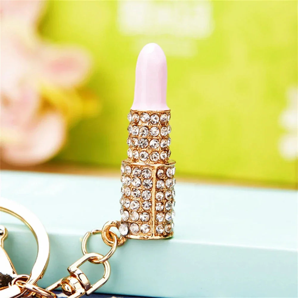 New Lipstick Lips Keychain with Black Rhinestones Key Ring Delicate Metal Pendant Charms for Women Girl Bag Car Accessories