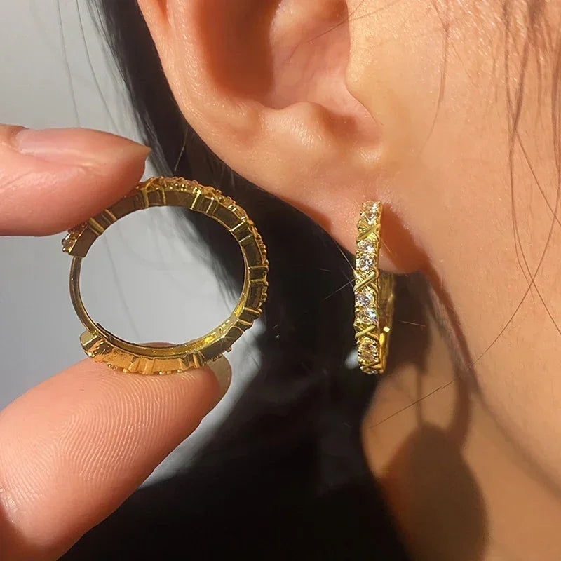 Huitan Novel Women's Hoop Earrings Gold Color Exquisite Cubic Zirconia Circle Earrings Daily Wear Fashionable Female Jewelry Hot
