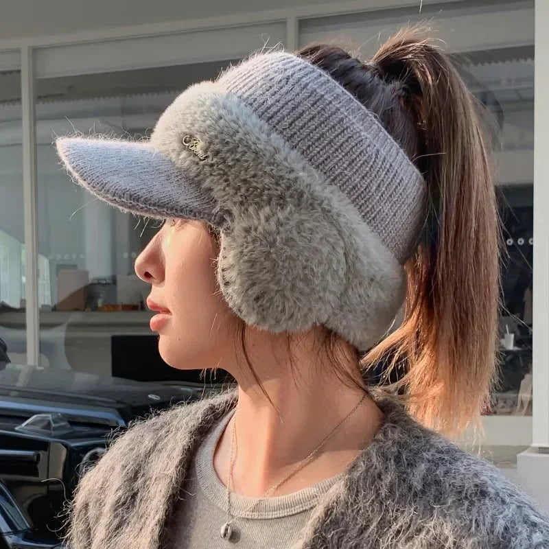 Winter Hats For Women 2023 New Fashion Winter Warm Earflaps Knitted Hat Baseball Caps Outdoor Sport Windproof Ponytail Hat Visor