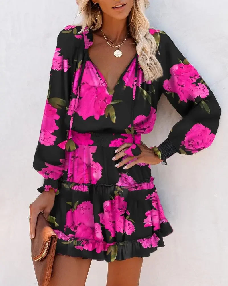 Spring Floral Lantern Sleeve Ruffle Mini Dress