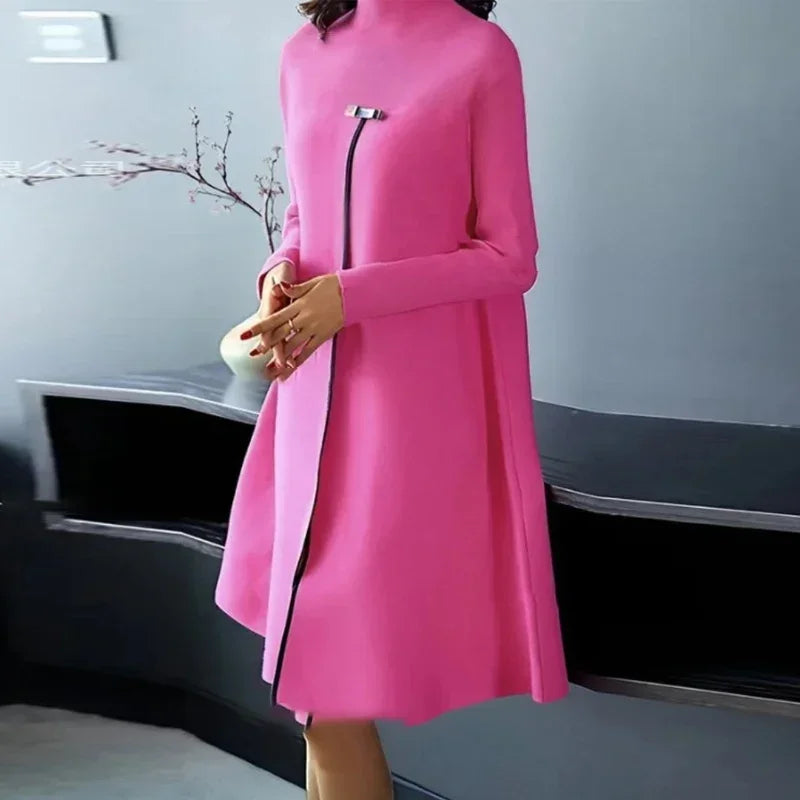 New Autumn Winter Women Long Sleeved High Split Design Dress Female Flower Printed Loose A-Line Dress Lady Half Turtleneck Dress