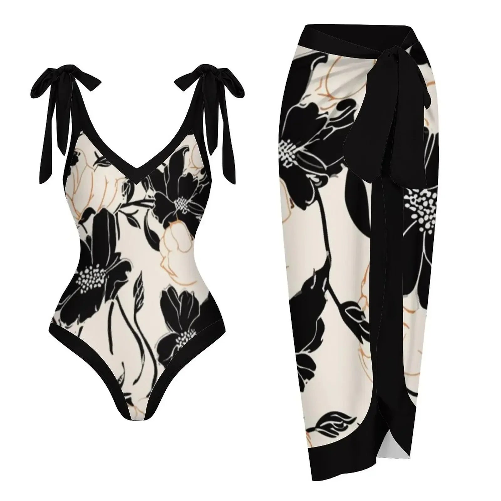 Black & White Flower Print Deep V-Neck Bikini Bow Strap Halter Sexy Swimsuit Plus Size Women 2023 Push-Ups Fashion Summer