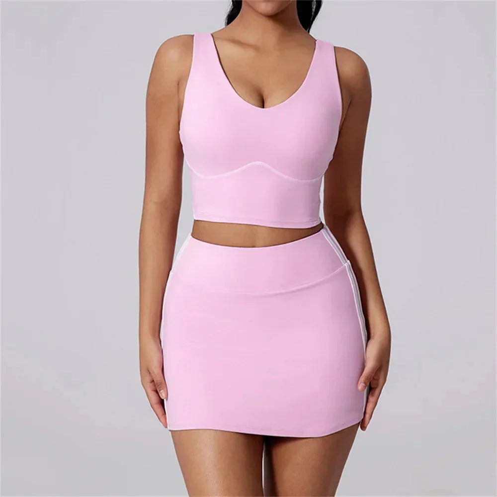 2025 1/2PCS High Waist Anti Shorts Yoga Set Women Sport Bra Gym Workout Skirt Fitness Sports Active Suit Tennis Badminton Wear
