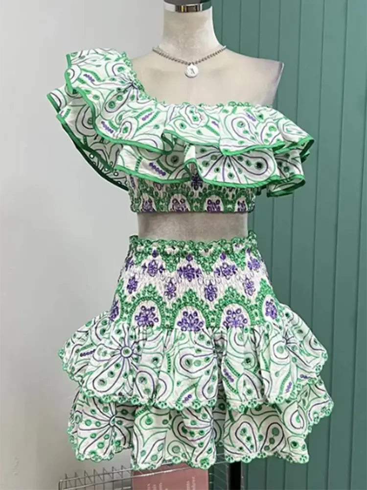 TWOTWINSTYLE Print Two Piece Sets For Women Slash Neck Short Sleeve Tops High Waist Skirts Summer Loose Set Female Fashion New