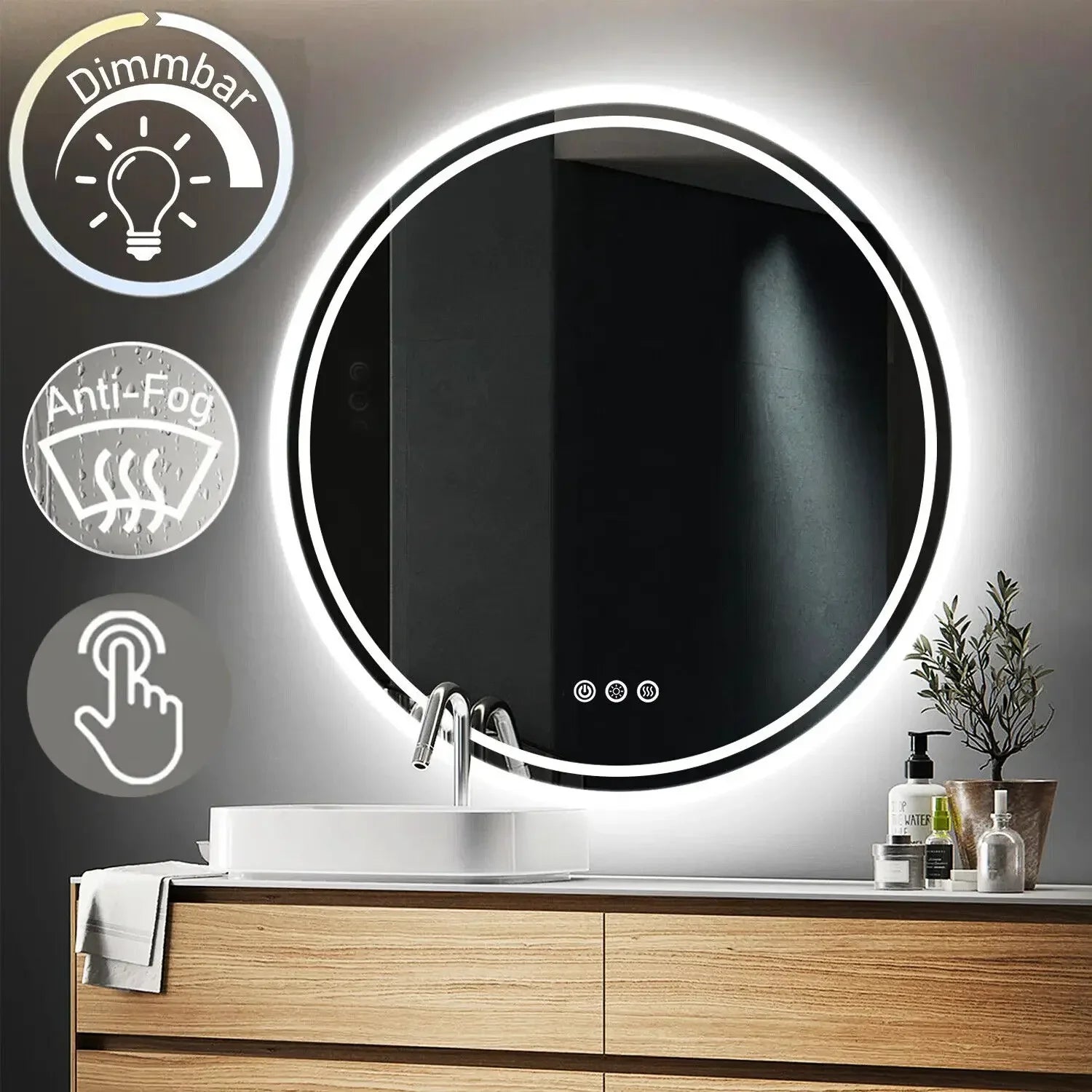 LUVODI Intelligent Illuminate Big Round Mirror for Bathroom Touch Screen Dimmable Anti-fog Bathroom LED Light Mirror