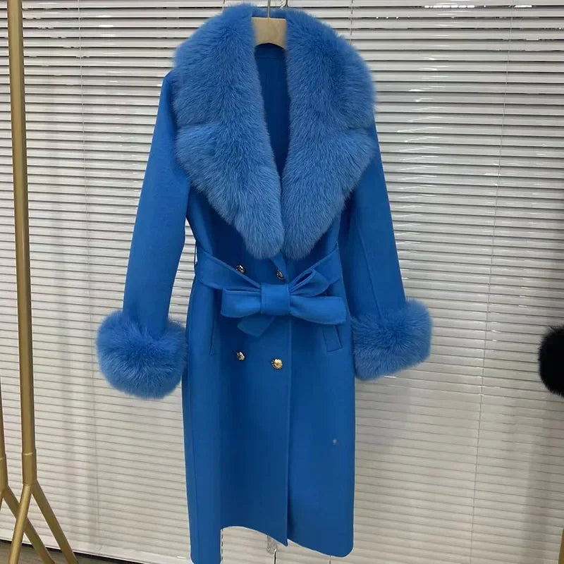 Long Wool Cashmere Blended Coat Real Fox Fur Cuffs & Collar