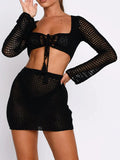 Yiiciovy Women's Sexy Holiday Knittd Bikini Cover Up Sets Beach Hollow Out Crocheted Top + Skirt Sexy Lady See Through Beach Set