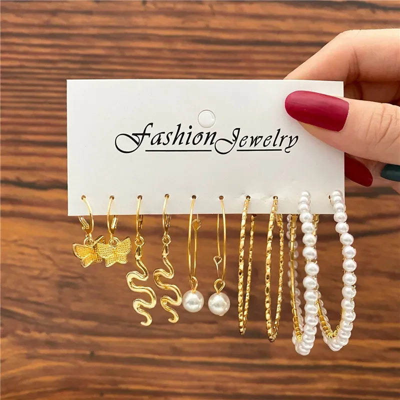 Boho Big Circle Hoop Earring Set for Women, Gold Color Bohemia Vintage Pearl Earring, Heart Zircon Ear Studs Jewelry Gifts