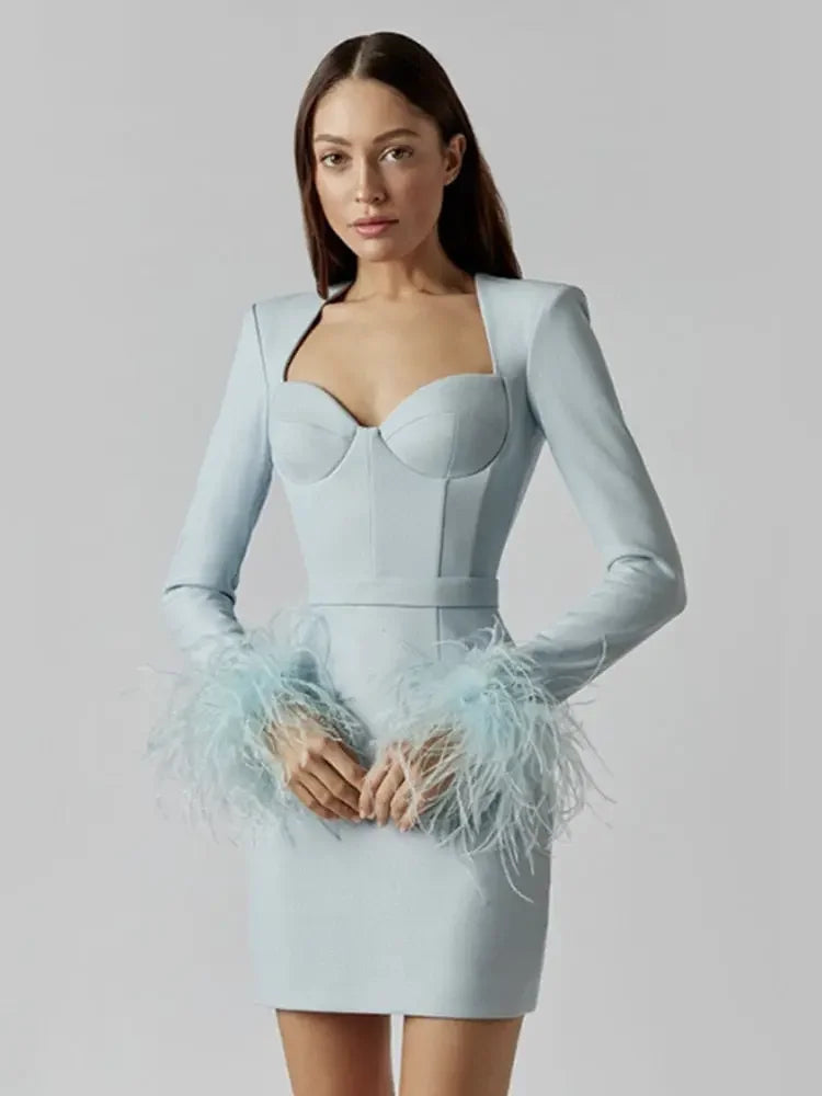 Sexy Long Sleeve Feather Mini Bodycon Dress
