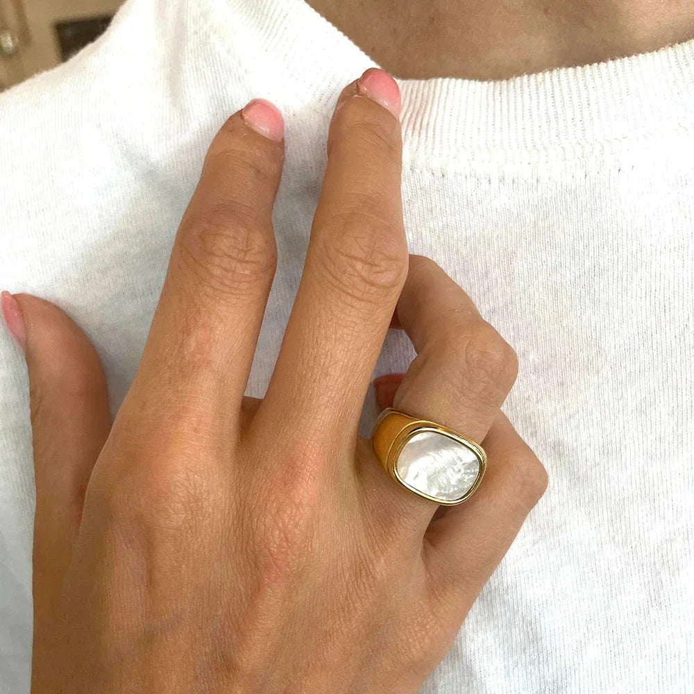 Vintage Chunky Square Shell Rings  White Gold Color