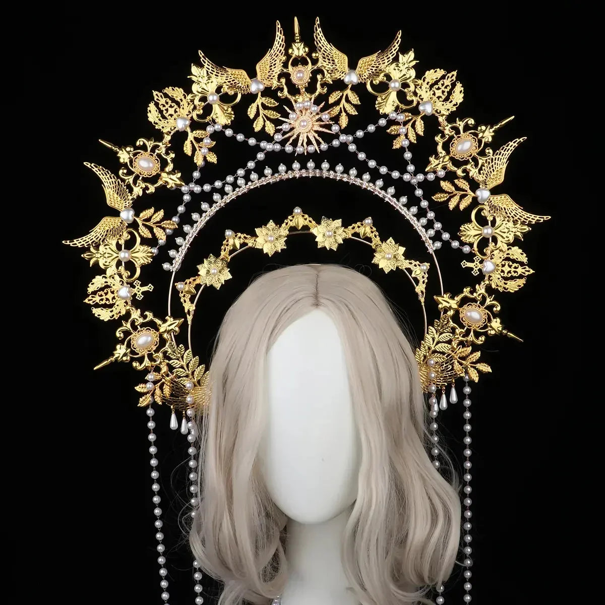 Sun Goddess Angel KC Halo Crown Headpiece Queen Anna Baroque Pearl Tiara Headband Lolita Collection Gothic Accessories