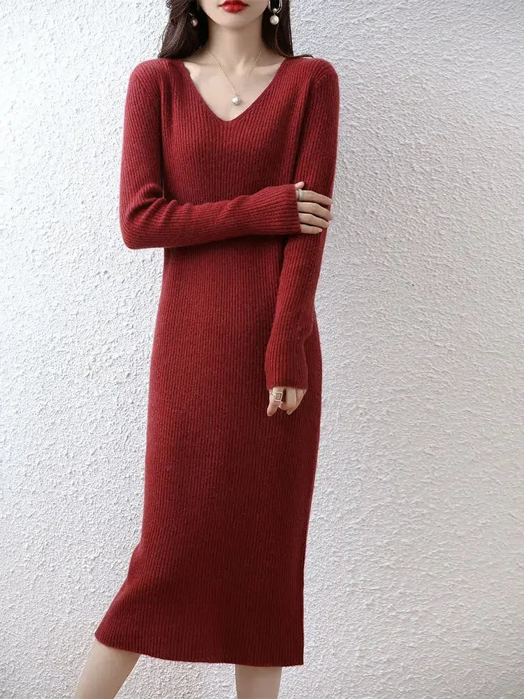 Elegant Long Sleeve Ribbed 100% Merino Wool Sweater Dress