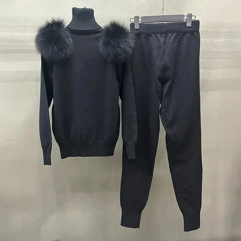 Women's Wool & Fox Fur Collar Knit Outfit