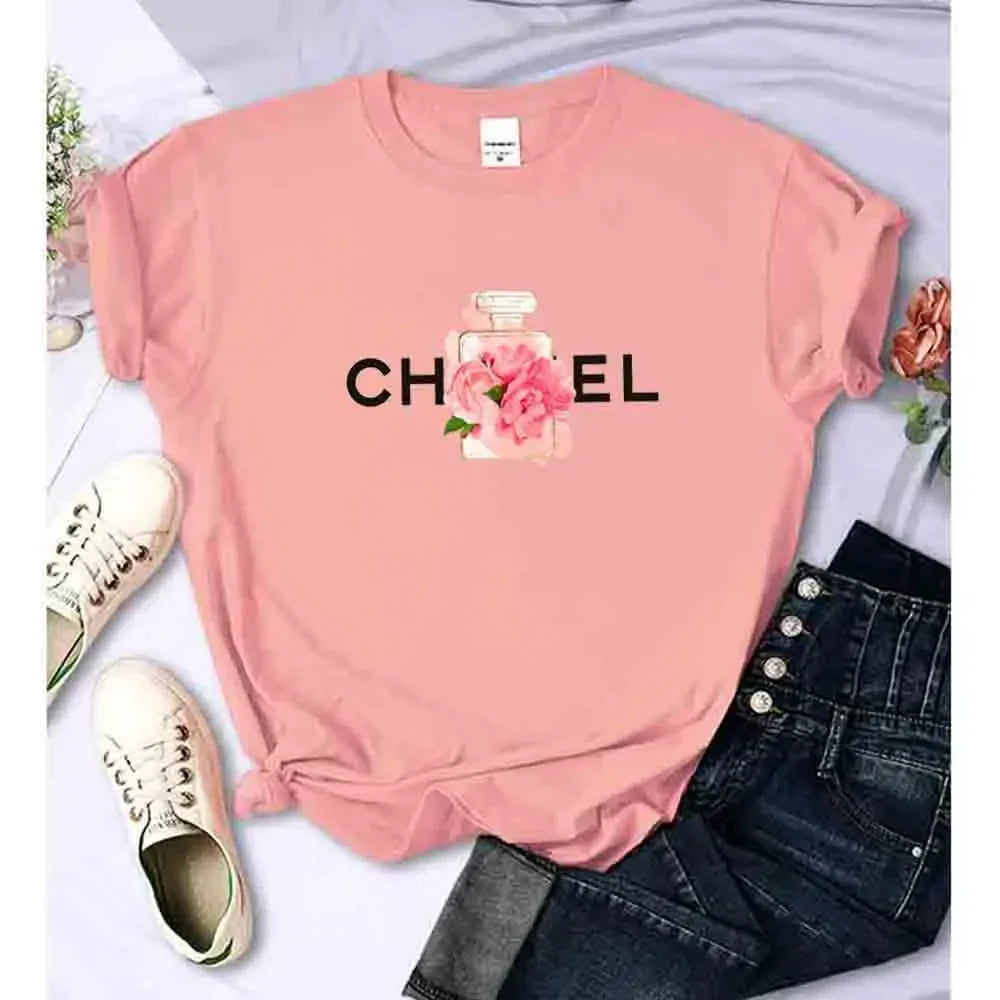 Women Summer T-Shirt Alphabet Flowers Perfume Print Cotton Tees Luxury Short Sleeve Tee Solid Color Street Y2K Top Female Cloth