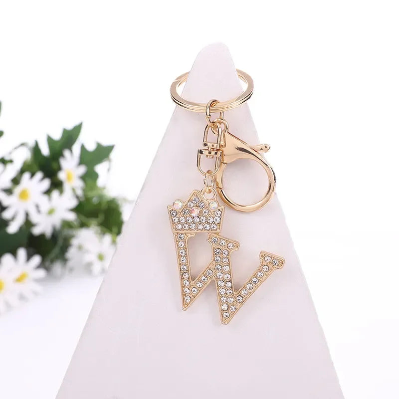 Luxury Crown 26 Letter Metal Keyring Fashion Rhinestone Keychain
