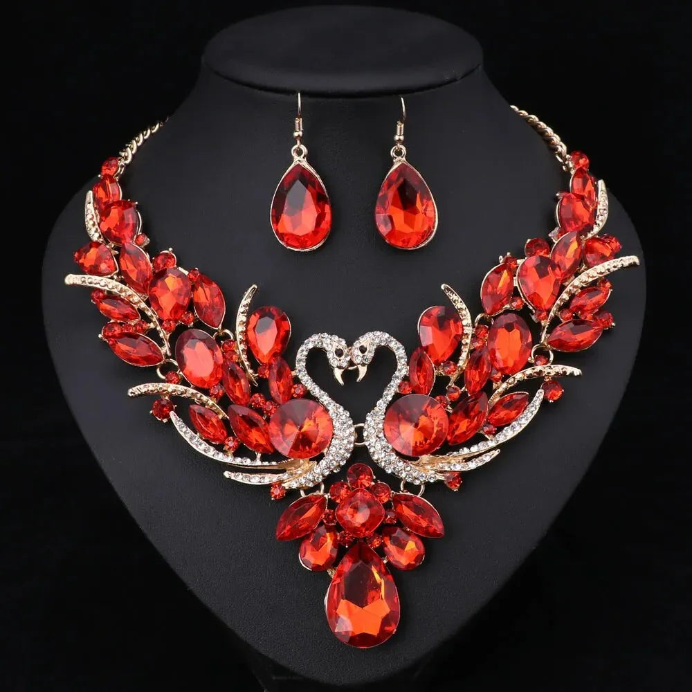 Crystal Bridal Jewelry Sets Gold Color Swan Pendant Necklace Women Gift Party Wedding Prom Necklace Earring Accessories