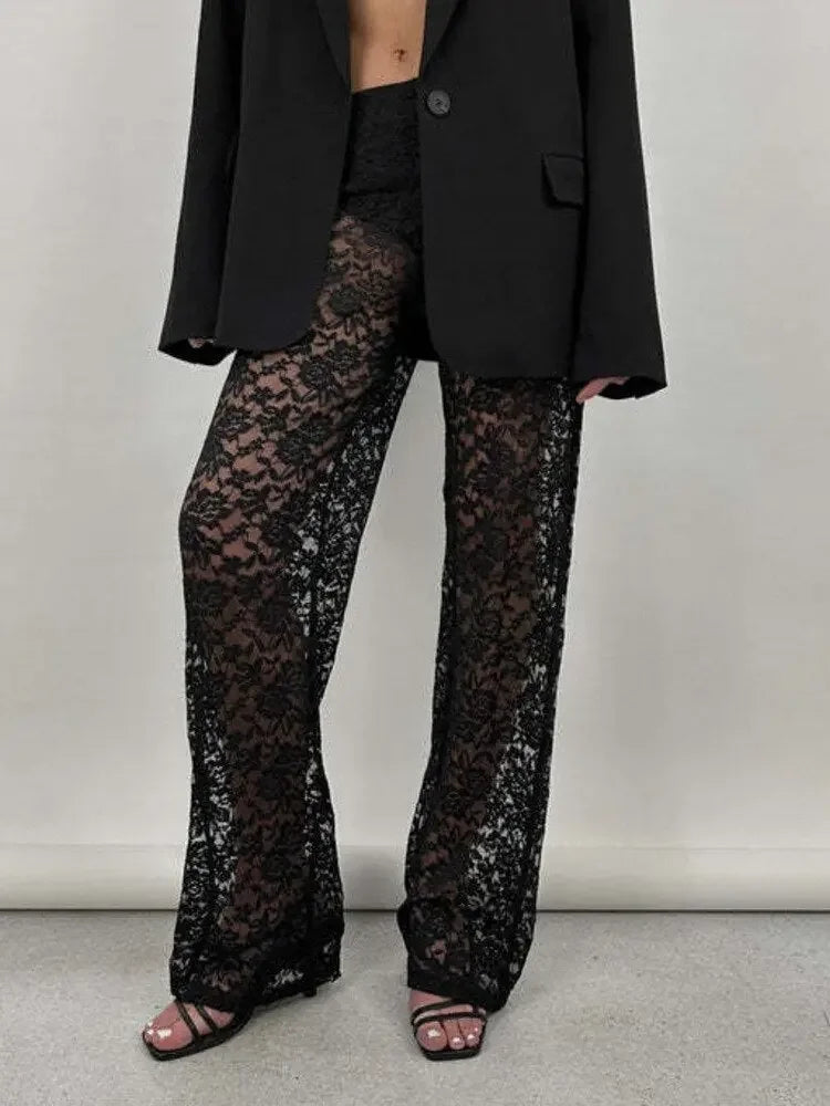 JULISSA MO 2023 Summer See Through Lace High Waist Pants For Women Wide Leg Baggy Trousers Solid Fashion Straight Casual