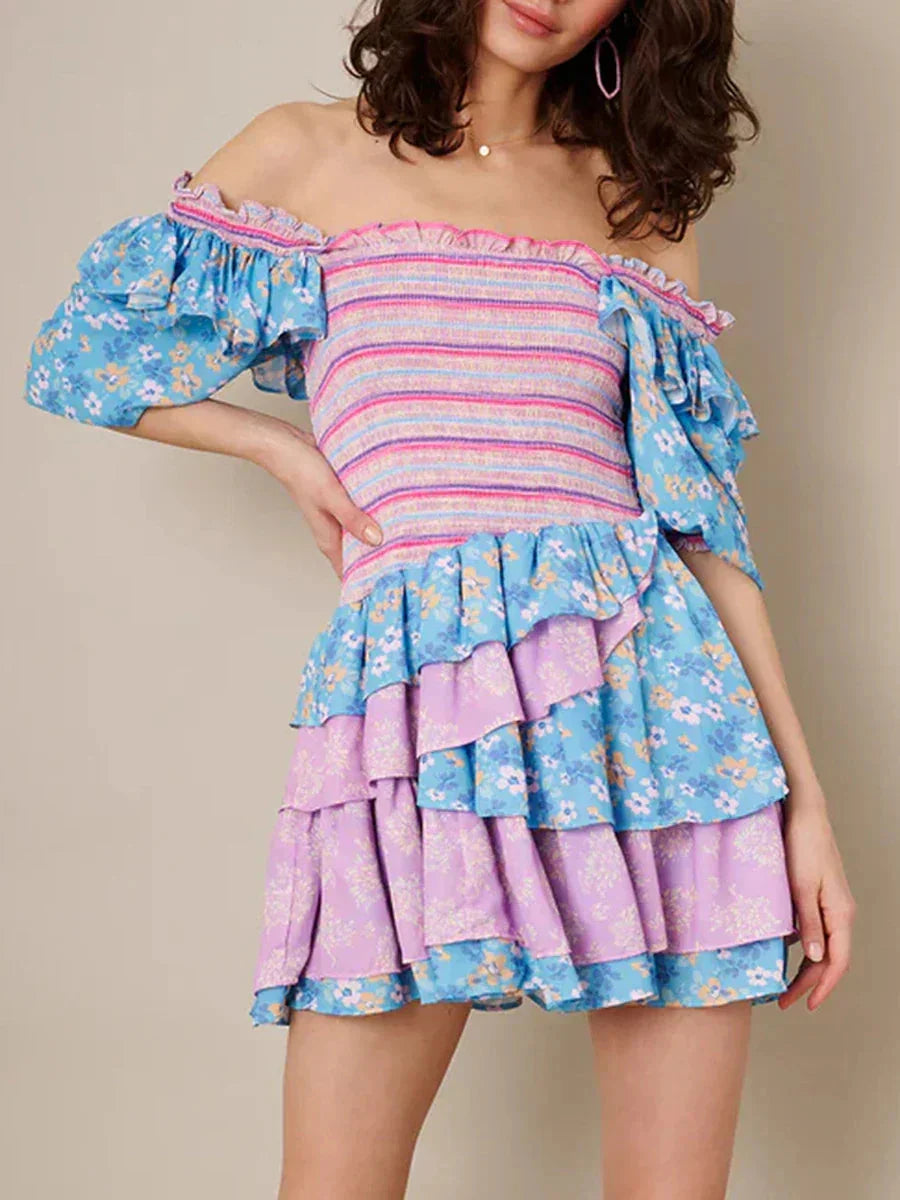 Womens Bohemian Puff Sleeve Dress Boho V-Neck Ruffle Layered Hem Mini Dress Floral Flowy Ruffle Tiered Short Dresses