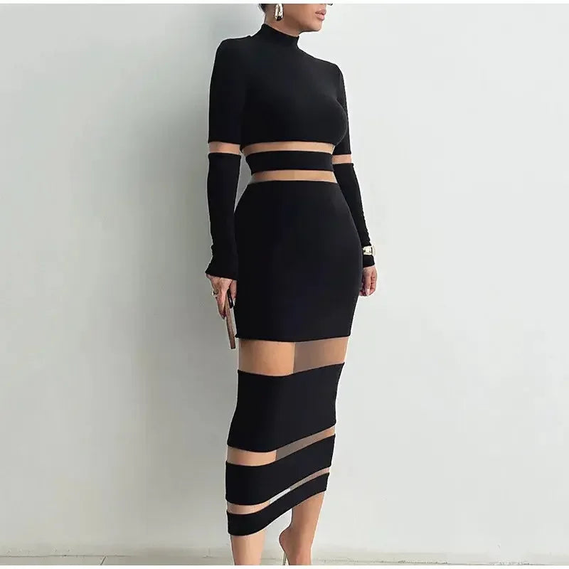Sexy Lace Hollow Out Dress Women  Elegant Turtleneck Knitting Patchwork Dresses 2023 Autumn Evening Party Long Sleeve Vestido