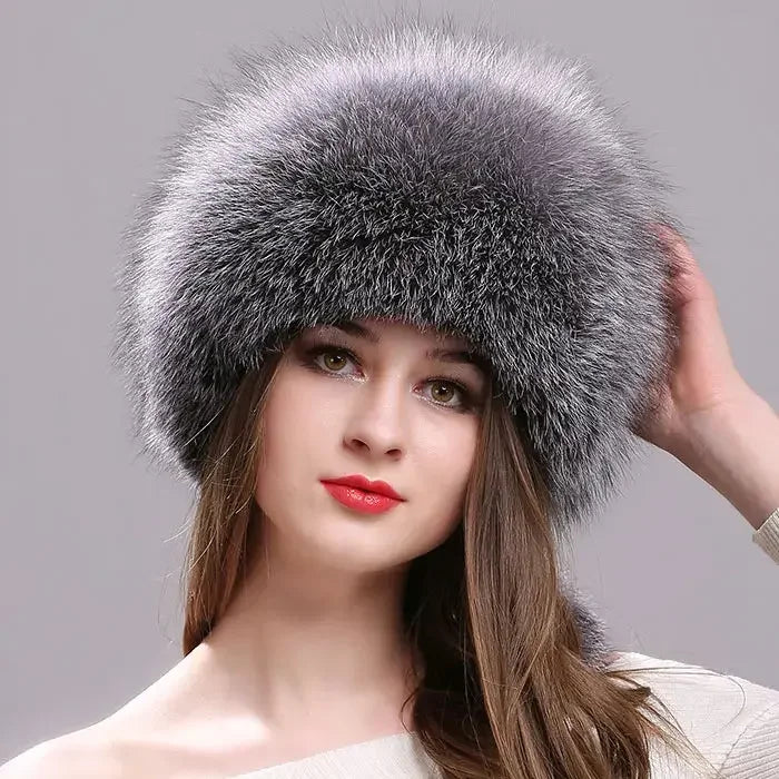 Real Fox Fur Hat for Women with Leather Top Mongolian Princess Hat with Pompom Winter Warm beanie Russian Cap Bonnets for Women