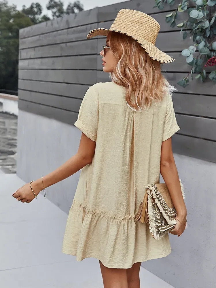 Solid Short Dress Women V Neck Single Breasted Loose A Line Dress For Spring Summer