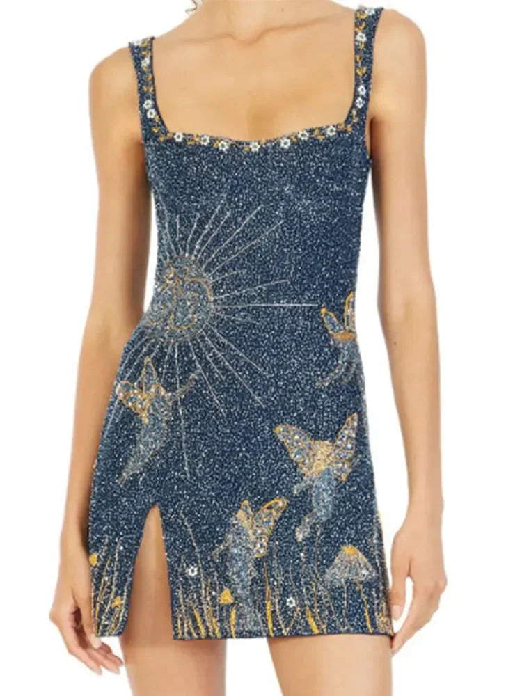 Fashion Square Neck Printed Slim Mini Dress Women Chic Split Sleeveless Backless Strap Dresses Summer Lady High Street Vestidos