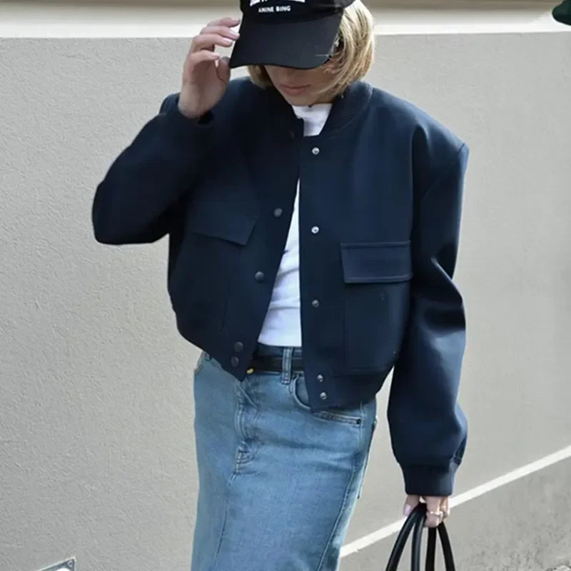 Bomber Jacket Women 2023 Fashion Button Pocket Long Sleeve Crop Tops Streetwear Baseball Jackets Winter Casual Coats Outerwear