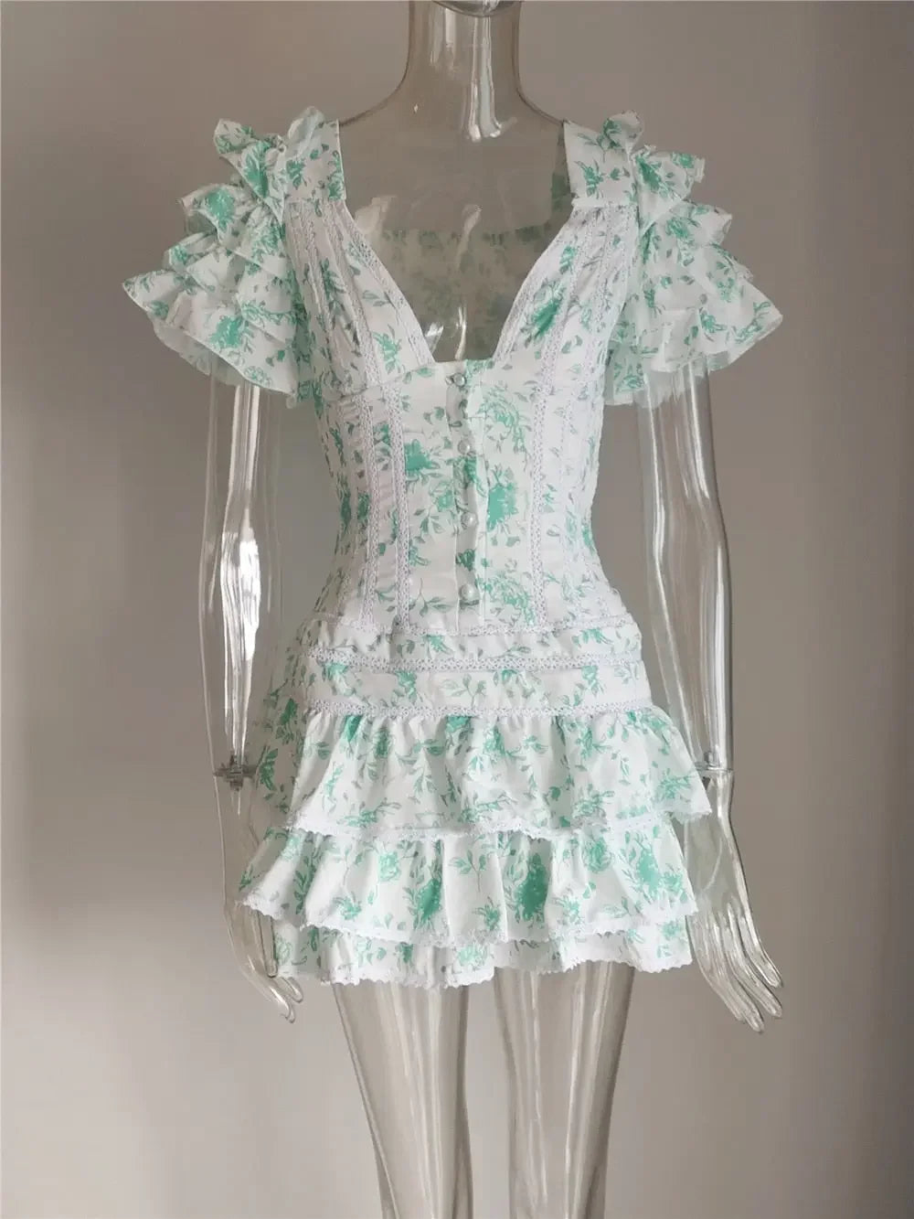 Summer and Autumn Women Short Sleeve Ruffle Pink V-neck Sexy Mini Dress